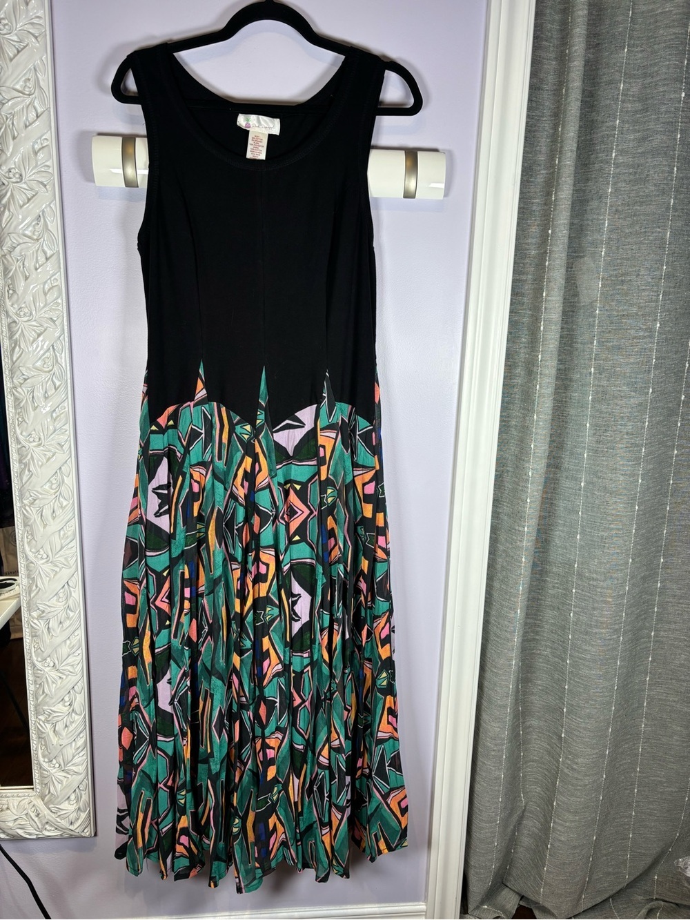 Pink Pineapple Sleeveless Black Midi Dress with Fairycore Teal Geometric Skirt M